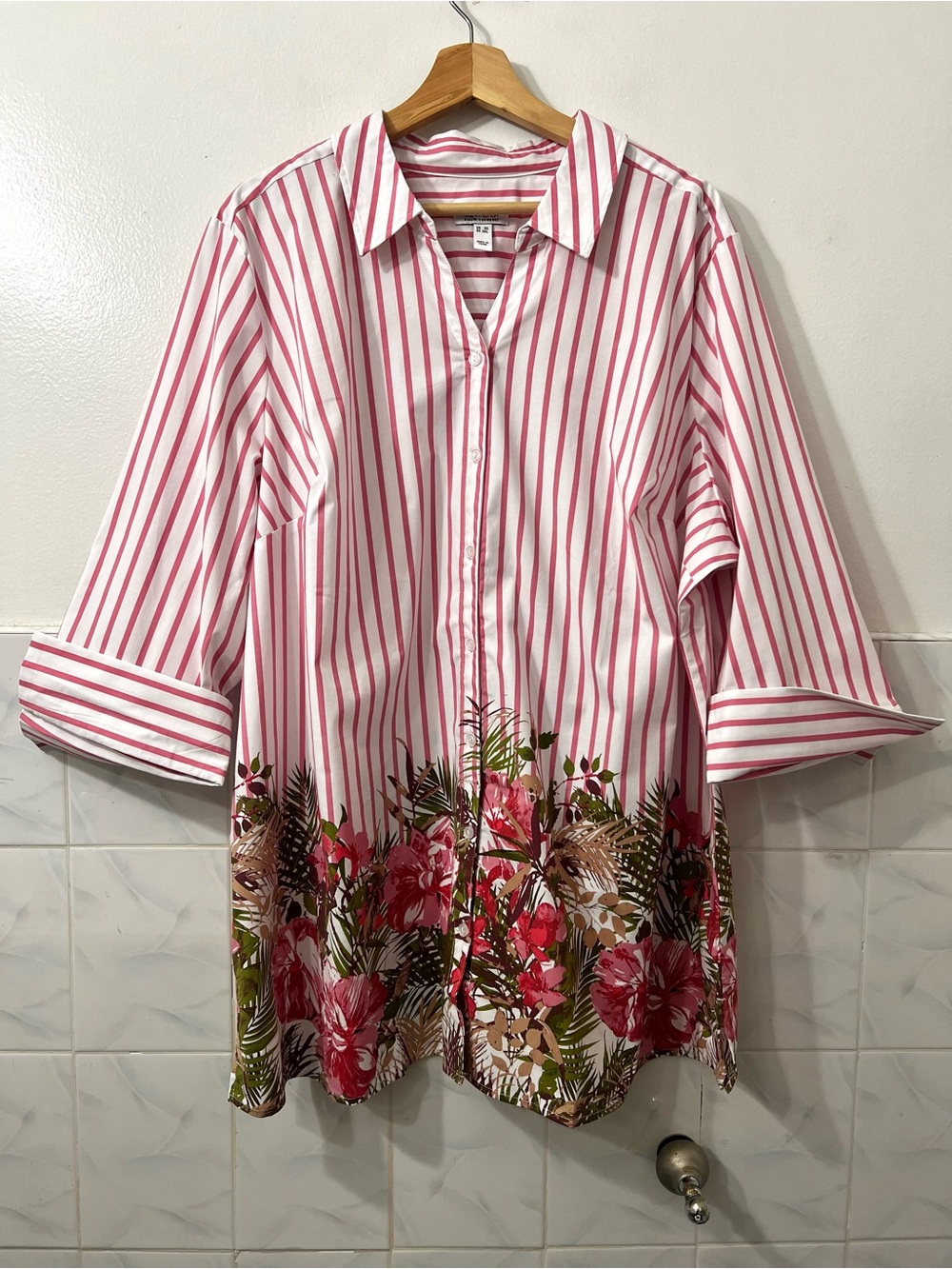 D & Co. 3/4 Sleeve Poplin Stripe Button Up Tunic Top 3XL Coastal Resort Preppy